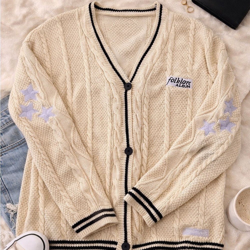 Taylor Swift Folklore Album Cable Knit Cardigan Cream Star Patch